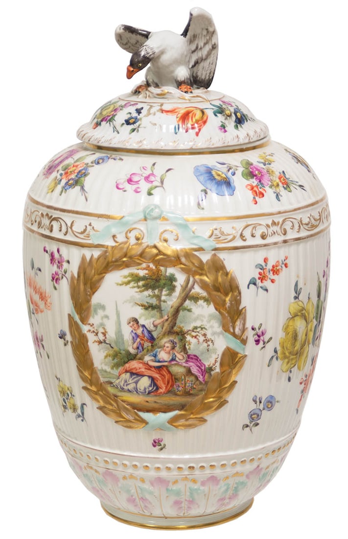19TH C. GLAZED PORCELAIN URN/VASE In the manner of Dresden, Germany, polychrome floral decoration (1 of 4)