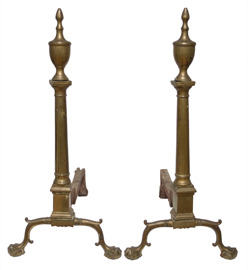 TALL 18TH C. BRASS ANDIRONS American Chippendale, urn top andirons, with ball and claw feet, from a (1 of 5)