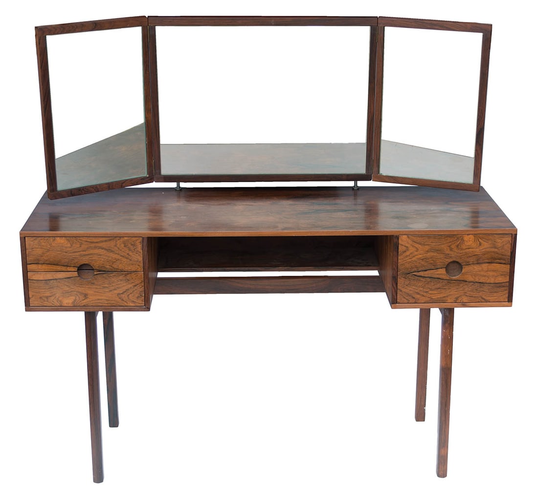 KAI KRISTIANSEN VANITY AND STOOL Rosewood and teak vanity with three-piece mirror, and stool with (1 of 7)