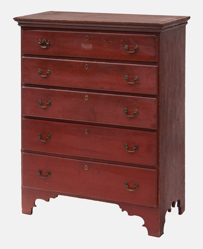 EARLY 19TH C. COUNTRY FIVE-DRAWER CHEST New England, pine, original bright cherry red painted (1 of 3)
