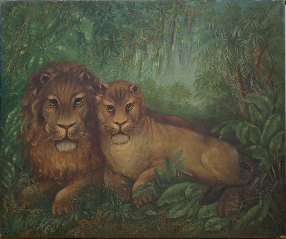 PAINTING OF LION AND LIONESS Large oil of a lion and lioness resting side by side in a jungle: PAINTING OF LION AND LIONESS Large oil of a lion and lioness resting side by side in a jungle setting, (minor tear l.r.), unframed, early 20th c., canvas on back in three parts, very slight bend to th