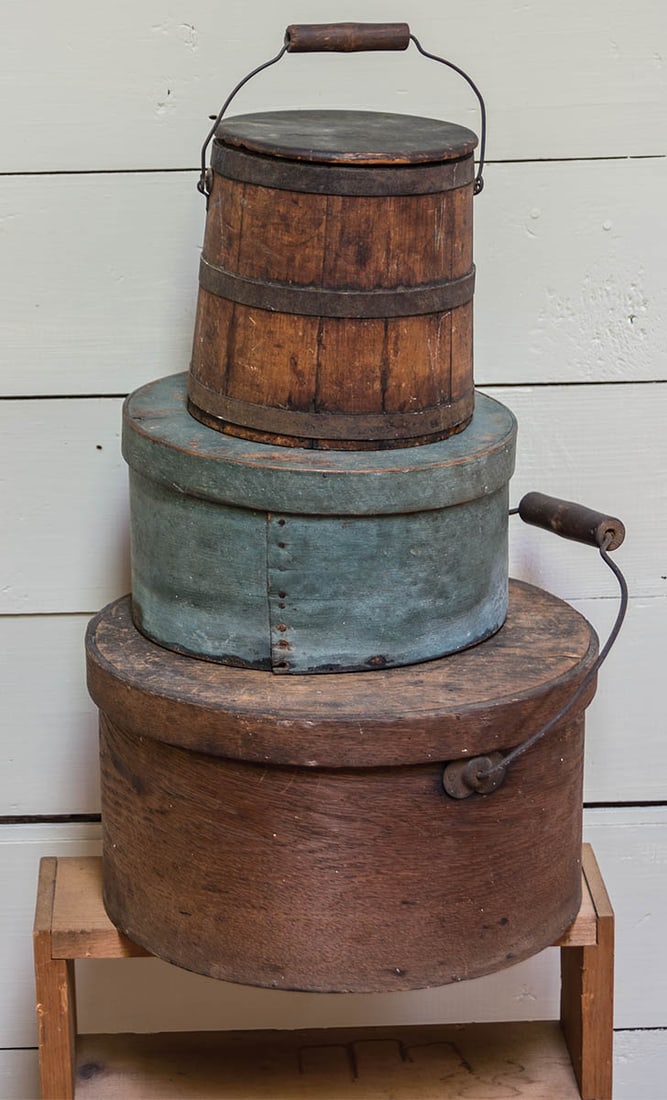 THREE WOODENWARE CONTAINERS Pail with lid and bail handle, 6 3/4" h, pine pantry box in original (1 of 1)