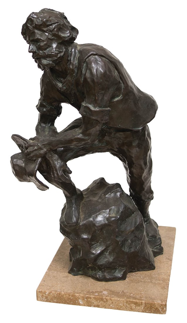 CONTEMPORARY BRONZE STATUE On marble base, "The Pioneer", by Richard Salews, signed '87, from a (1 of 6)