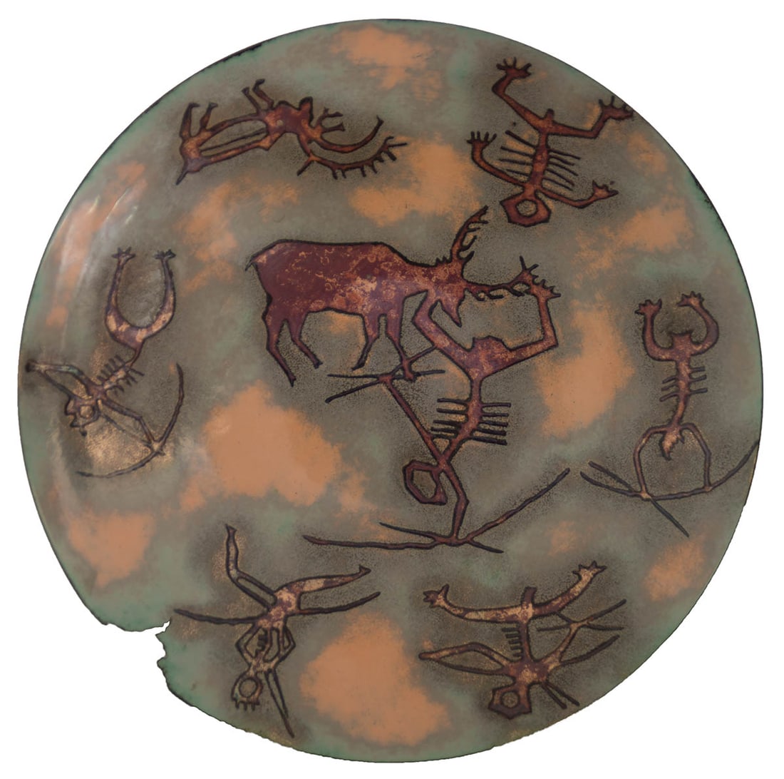 TWO ENAMELED COPPER CHARGERS Decorated on front and back with dancing figures, hunters, big horn elk (1 of 4)