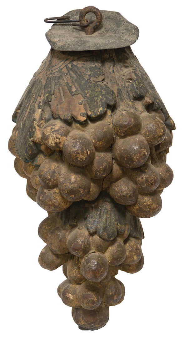 HANGING TAVERN SIGN Early carved "Bunch of Grapes", wrought iron loop hanger with tin cover, carved (1 of 3)