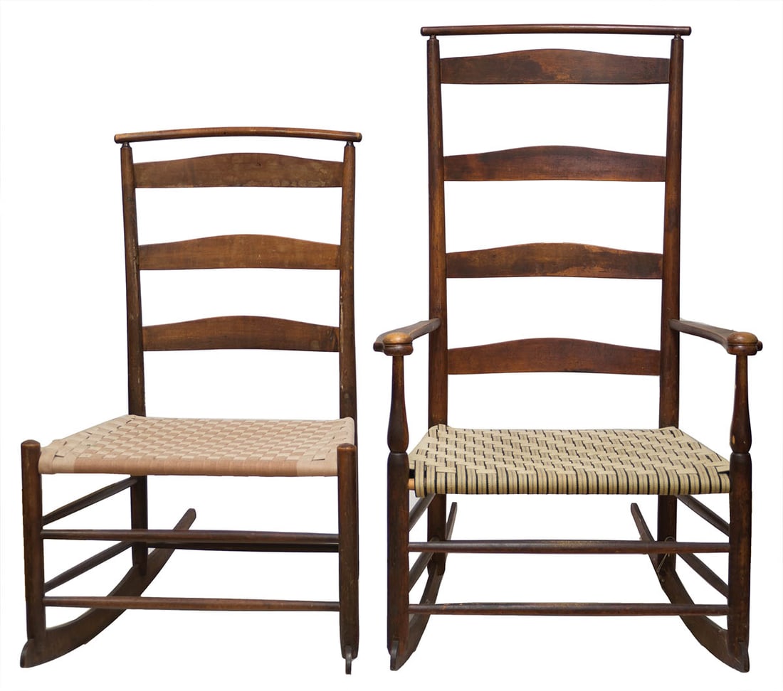 TWO 19TH C. SHAKER SHAWL BAR ROCKERS Maple, original stained finish, three and four ladders, taped (1 of 1)