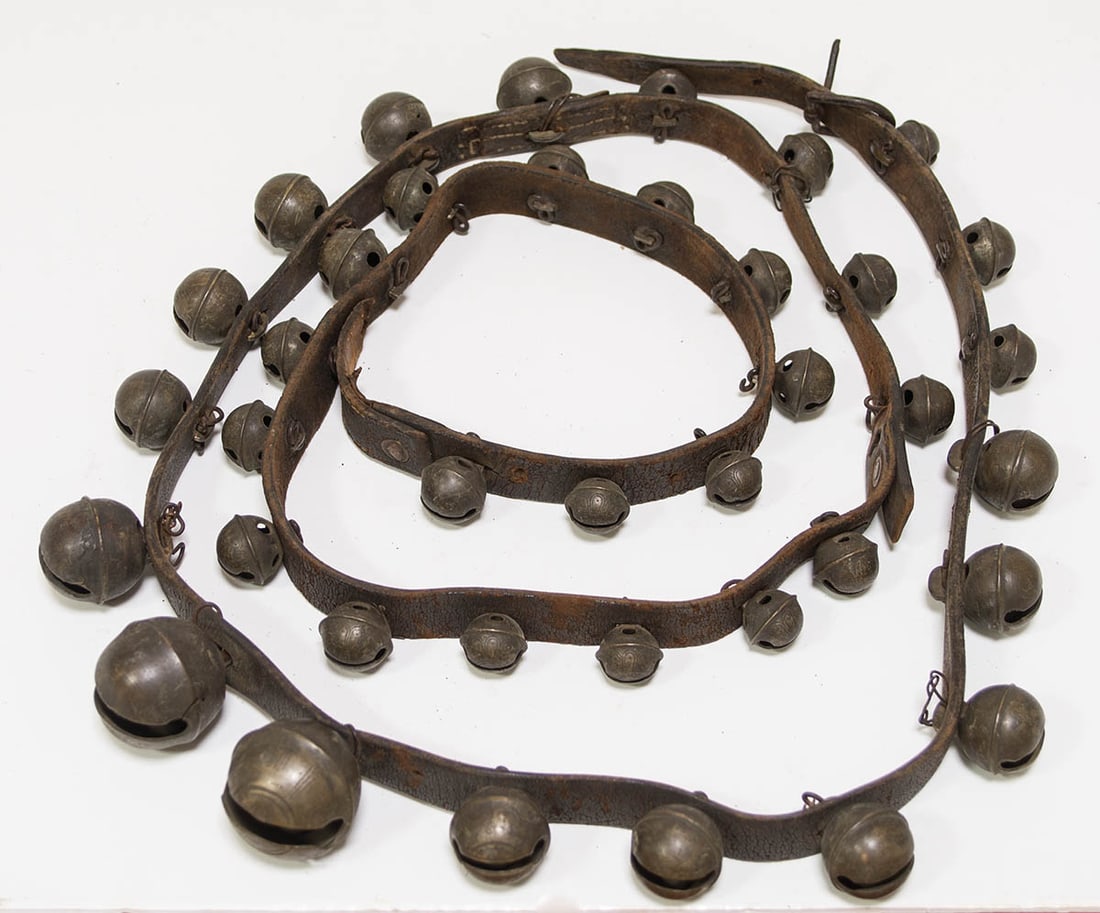 EARLY CAST BRASS SLEIGH BELLS Thirty-eight bells, 1" to 2" dia on early 8' leather strap. (1 of 1)