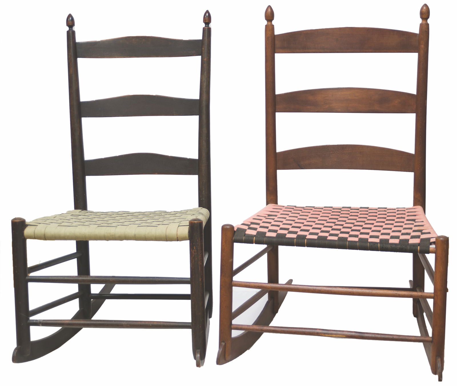 TWO SHAKER ROCKING CHAIRS Maple, ebony finish and red walnut stained finish, three slats, taped (1 of 1)