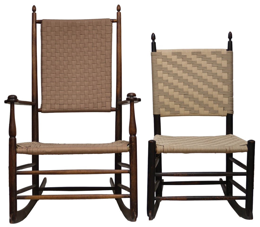 TWO EARLY SHAKER ROCKING CHAIRS Woven taped backs and seats, maple, one in ebony finish, and one in (1 of 1)