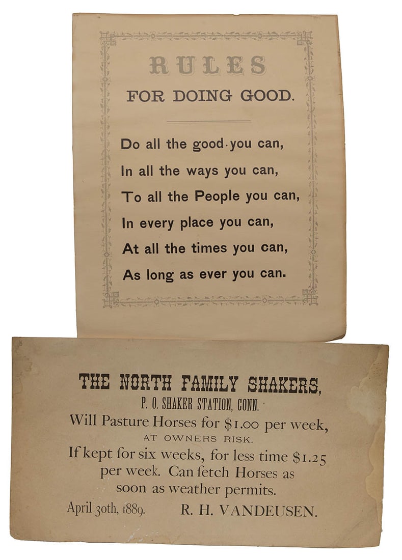 TWO SHAKER BROADSIDES "Rules for Doing Good...", 9 3/4" h, 8" w; and "The North Family Shakers, P.O. (1 of 1)
