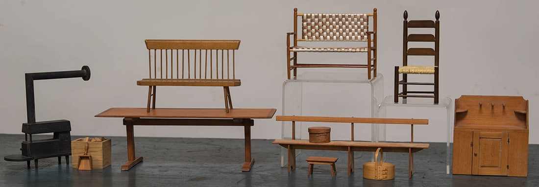 MINIATURE SHAKER STYLE FURNITURE Collection of miniatures includes carved wood double heater stove, (1 of 1)