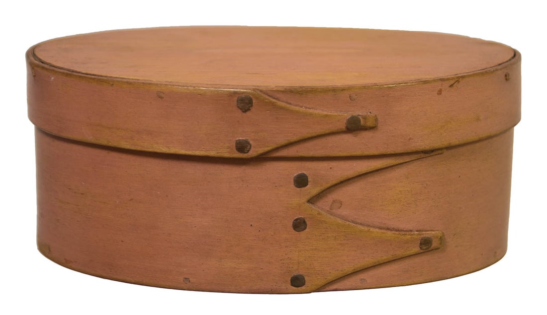 OVAL BOX Maple and pine, in original soft peach/putty painted finish, three fingers, large copper (1 of 3)