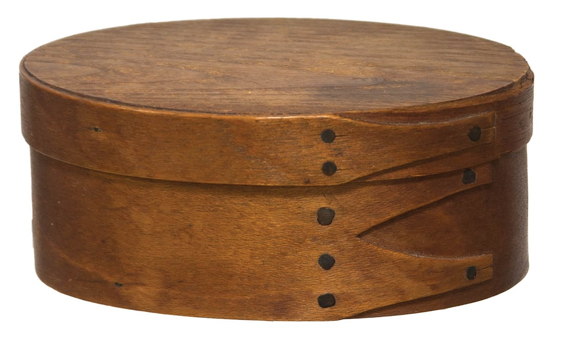 OVAL BOX Maple with ash lid, original nut brown stained finish, three fingers, (small sliver missing (1 of 2)