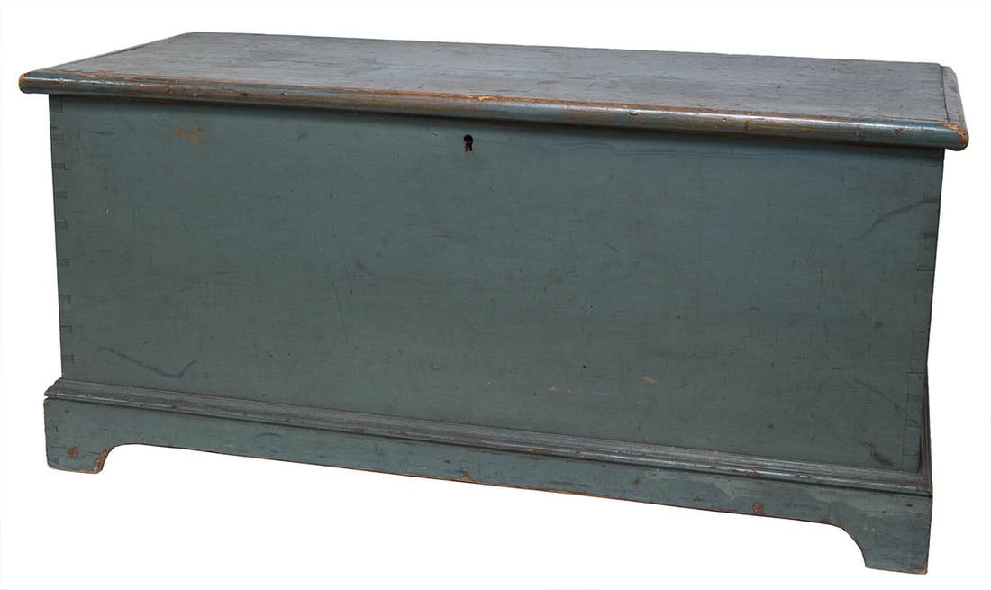 RARE BLANKET BOX Ministry blue painted blanket box, poplar, hinged lid with applied molded and (1 of 5)