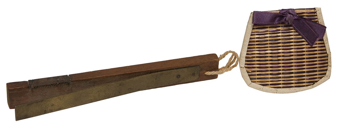 PALM LEAF CUTTER, AND NEEDLE BOOK Maple with brass hinged holder, and row of tiny brass blades, (1 of 3)