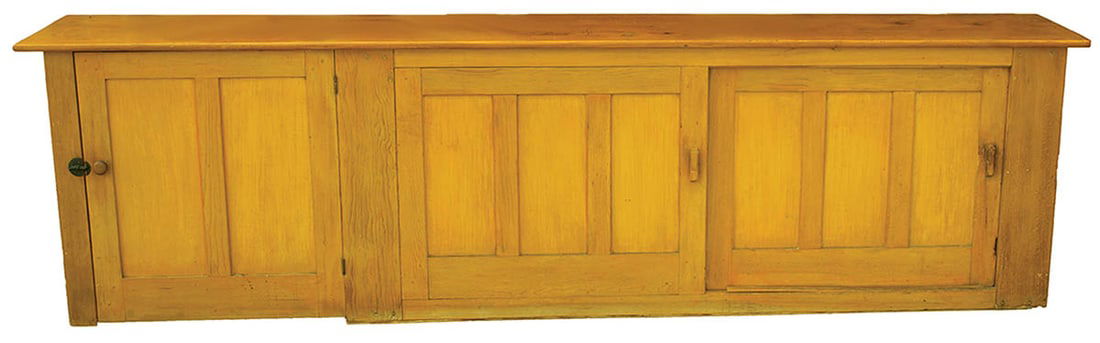 WORK COUNTER Pine, original yellow stained cupboard, left hand door with double vertical panel, (1 of 3)