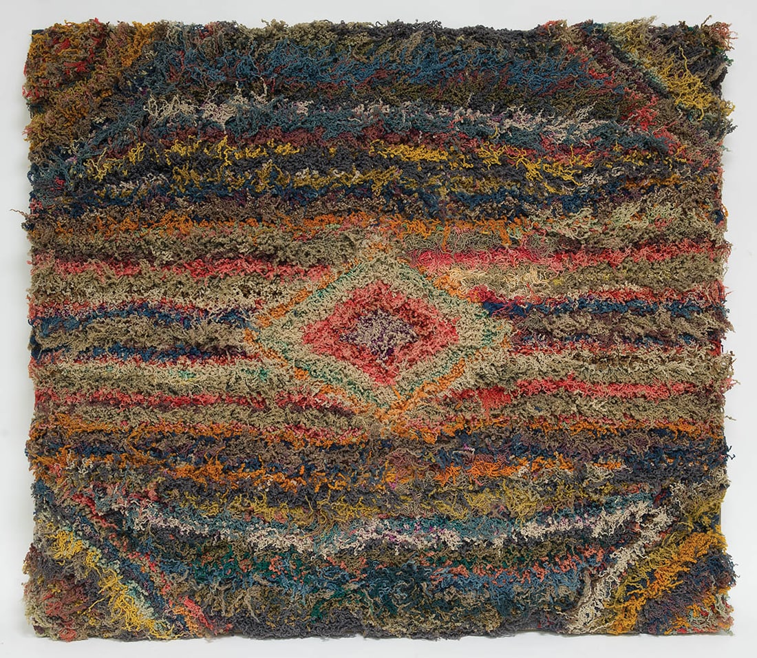 SHAKER RAVEL RUG Wool, handwoven with multicolor remnants, with central extended diamond in red and (1 of 1)
