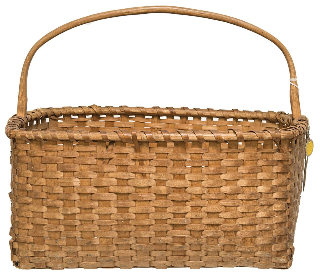 SIGNED SISTER'S WORK BASKET Ash, lengthwise double notched carved hoop handle, single wrapped rim, (1 of 4)