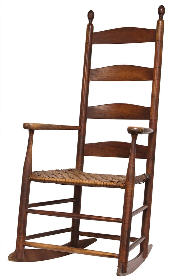 SHAKER ELDER'S ROCKING ARMCHAIR Maple and tiger maple, retaining an original rare red stained (1 of 4)