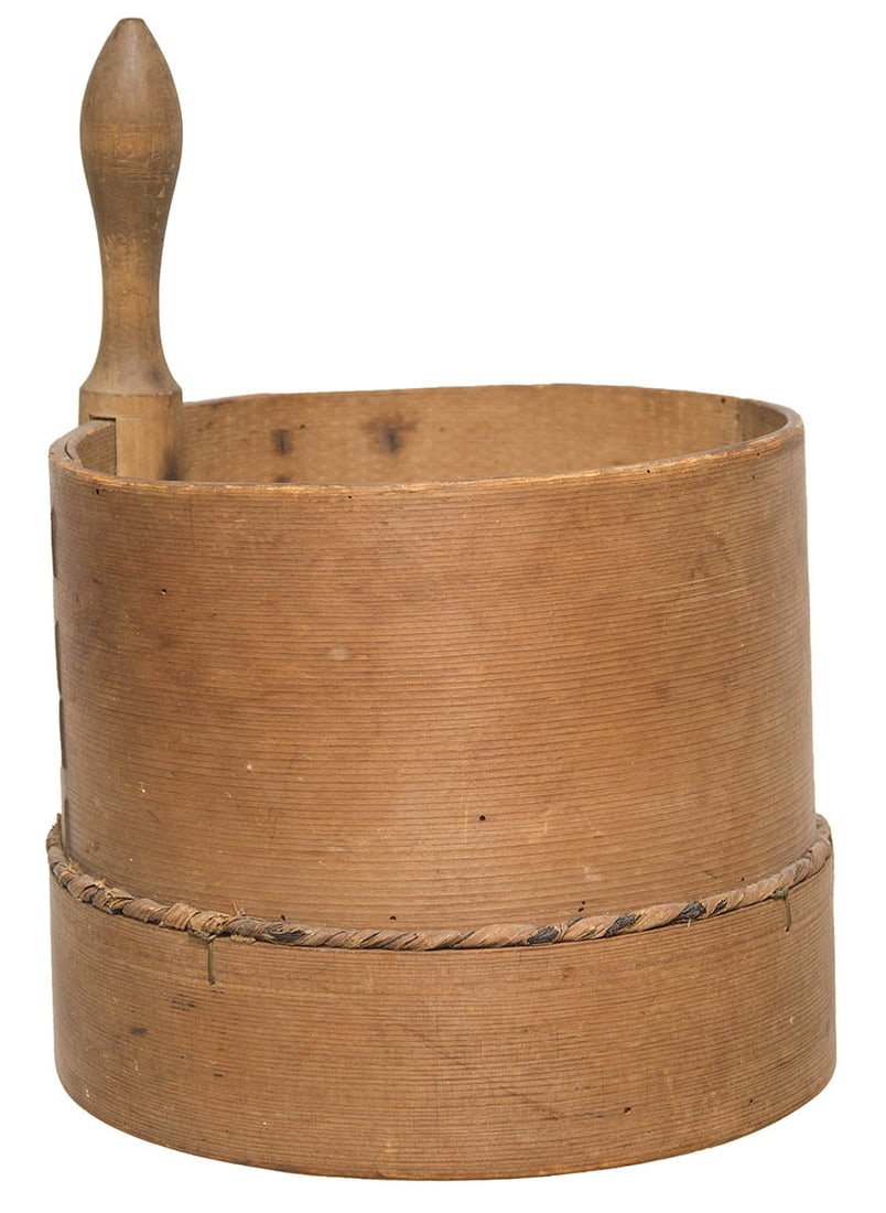 RARE SHAKER HANDLED SIEVE, AND TWO PAPER SEED BAGS Turned handle with medial scribe line, woven (1 of 5)