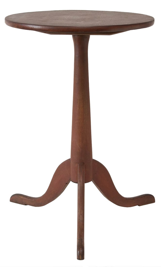 TRIPOD STAND Maple, round top, appears to be original red painted finish, shaped shaft, three arched (1 of 4)