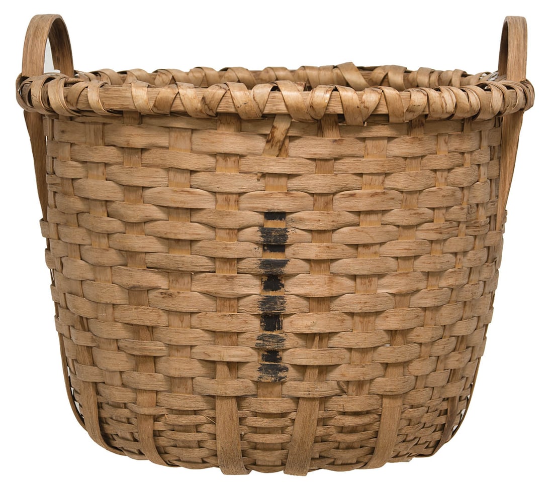 SISTER'S LAUNDRY BASKET Black ash splint, double wrapped rim, arched side handles, finely sewn (1 of 3)