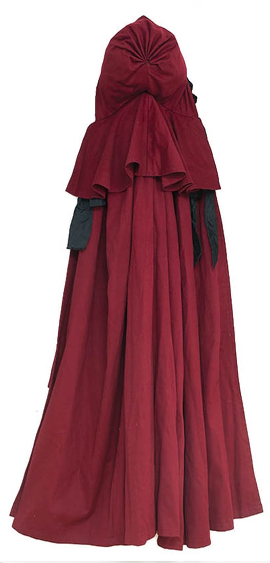 SISTER'S CLOAK Cherry red dyed wool, black silk lined ties, blue labeled "The Dorothy, Hart & (1 of 1)