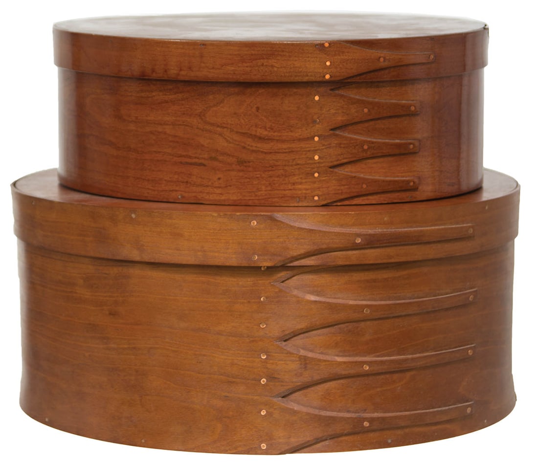 TWO HISTORIC OVAL BOXES Smaller box, cherry and pine, five fingers, original varnish finish, (1 of 4)