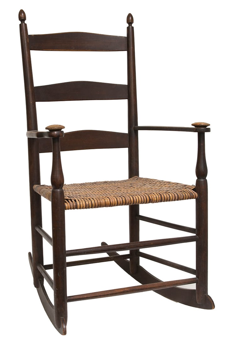 CHILD'S ROCKING ARMCHAIR Maple, original dark walnut varnished stain, woven split cane seat (1 of 3)