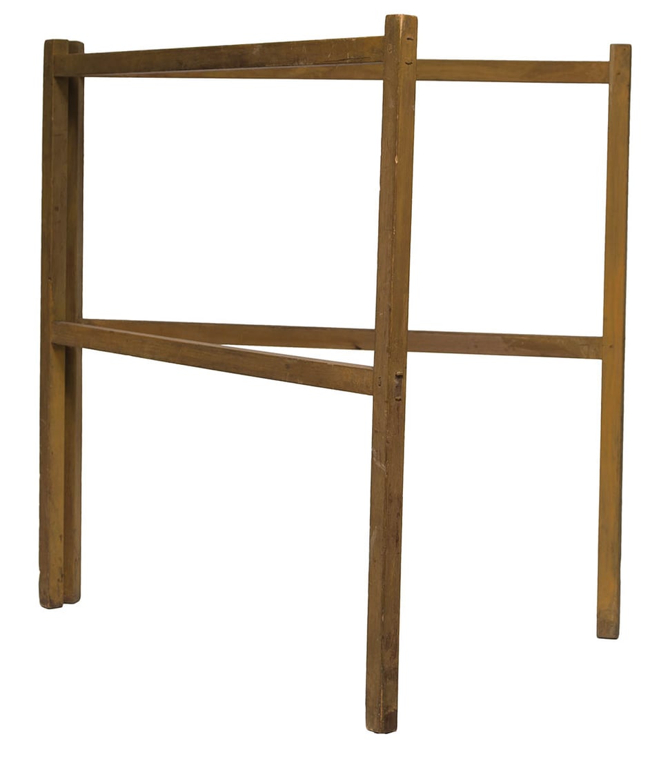 CLASSIC FOLDING TOWEL RACK Pine, original yellow painted finish, two panels, iron hinged with two (1 of 1)