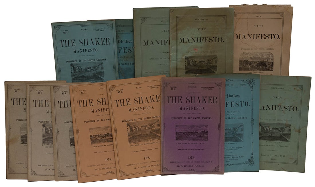 SHAKER MANIFESTO COLLECTION Several pamphlets including eight copies (different months) from 1878;: SHAKER MANIFESTO COLLECTION Several pamphlets including eight copies (different months) from 1878; two copies from 1880; two copies from 1881; two copies from 1884; two copies from 1885; two copies fr