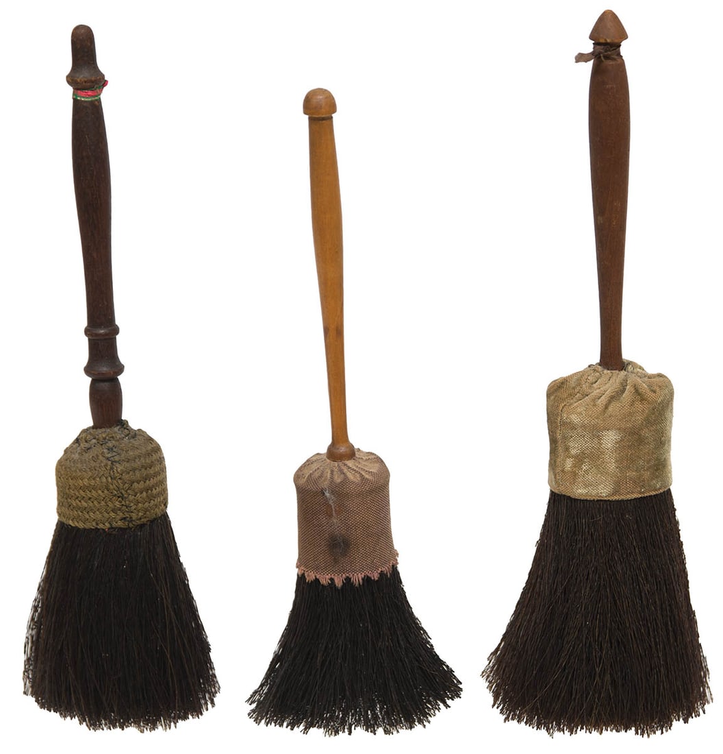 THREE SHAKER BRUSHES Maple and walnut, tapered handles, all with black horsehair bristles, each (1 of 1)