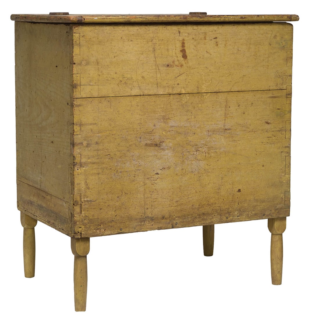 STANDING SHAKER WOOD BOX Pine, original lemon yellow painted finish, hinged lift lid, breadboarded, (1 of 2)