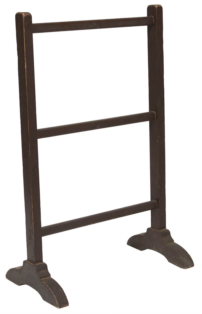 SMALL DRYING RACK Possibly for herbs, maple, original brown painted finish, rectangular shaped: SMALL DRYING RACK Possibly for herbs, maple, original brown painted finish, rectangular shaped rungs, through mortised into the sides, arched base, beveled edges, 24 1/2" h, 15 1/2" w.