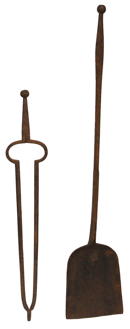 PAIR OF 19TH C. SHAKER STOVE TOOLS Hand forged tongs and shovel, to remove ash from stove, finely (1 of 1)