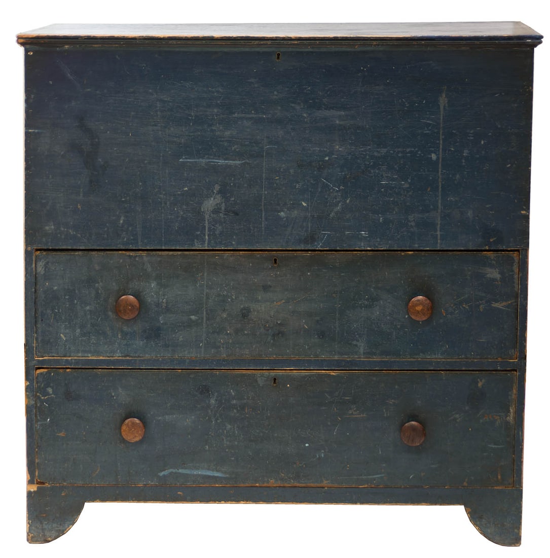 RARE BLANKET CHEST Poplar, original ministry blue painted finish, lift lid opening to deep well, (1 of 1)