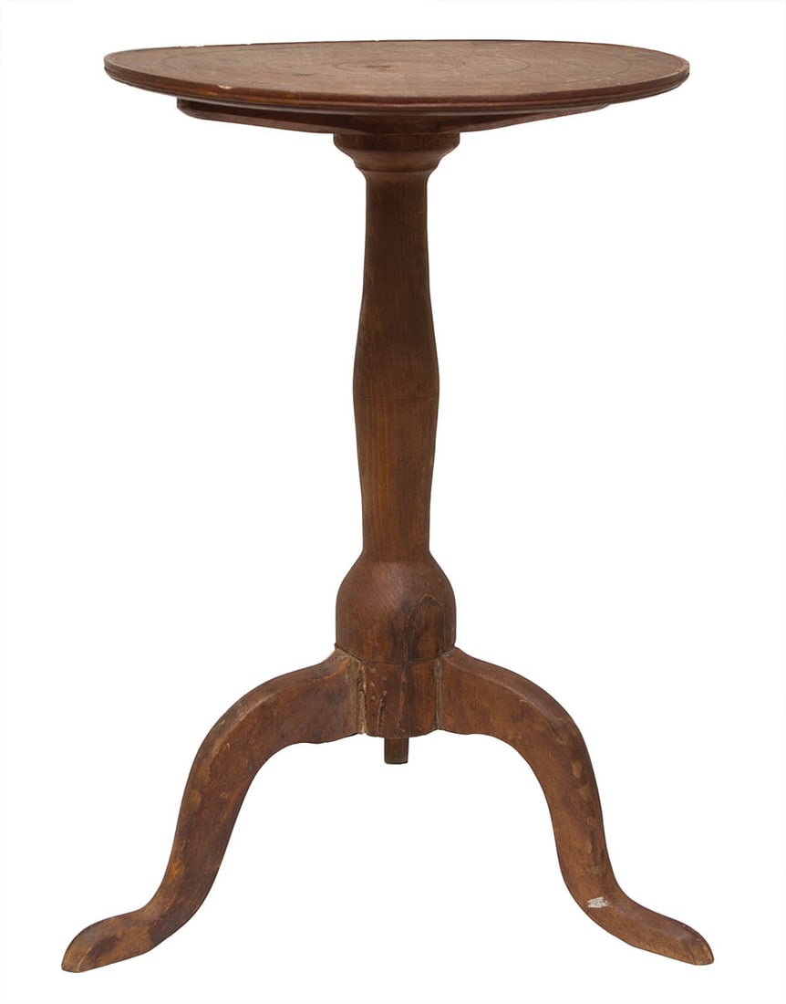 VERY EARLY TRIPOD ROUND TOP WORK STAND Maple and birch, remnants of early red stain, (appears to (1 of 8)