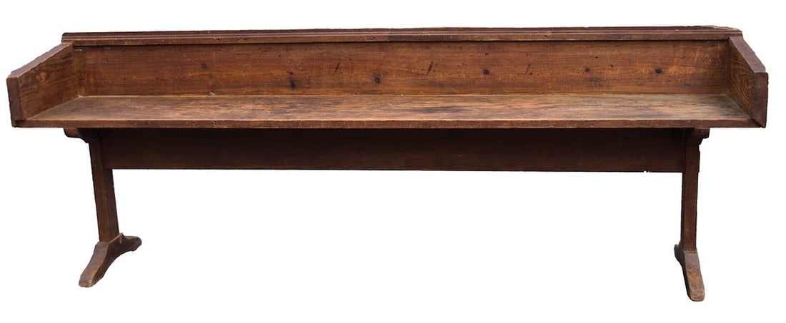 BENCH WITH TRESTLE FOOT BASE Pine, original red stained finish, back with applied molding, single (1 of 7)
