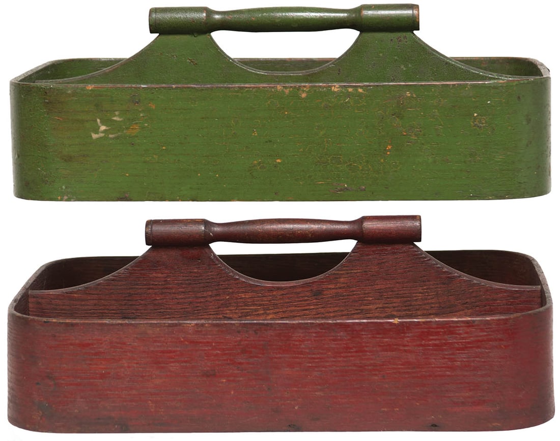 TWO MATCHING CUTLERY TRAYS Oak or chestnut, maple turned handles, original red and green painted (1 of 2)
