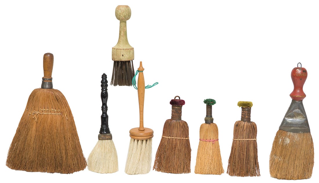 SHAKER BRUSH COLLECTION Five corn broom whisks, three with green and red velvet tops, a larger whisk (1 of 1)
