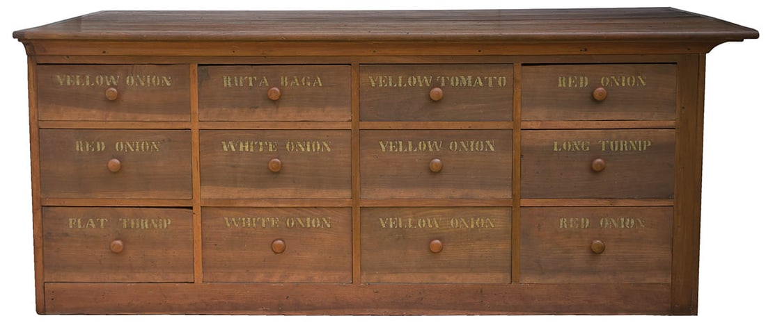 RARE SHAKER VEGETABLE STORAGE CONTAINER Cherry wood, 12 graduated and dovetailed drawers, four banks (1 of 1)