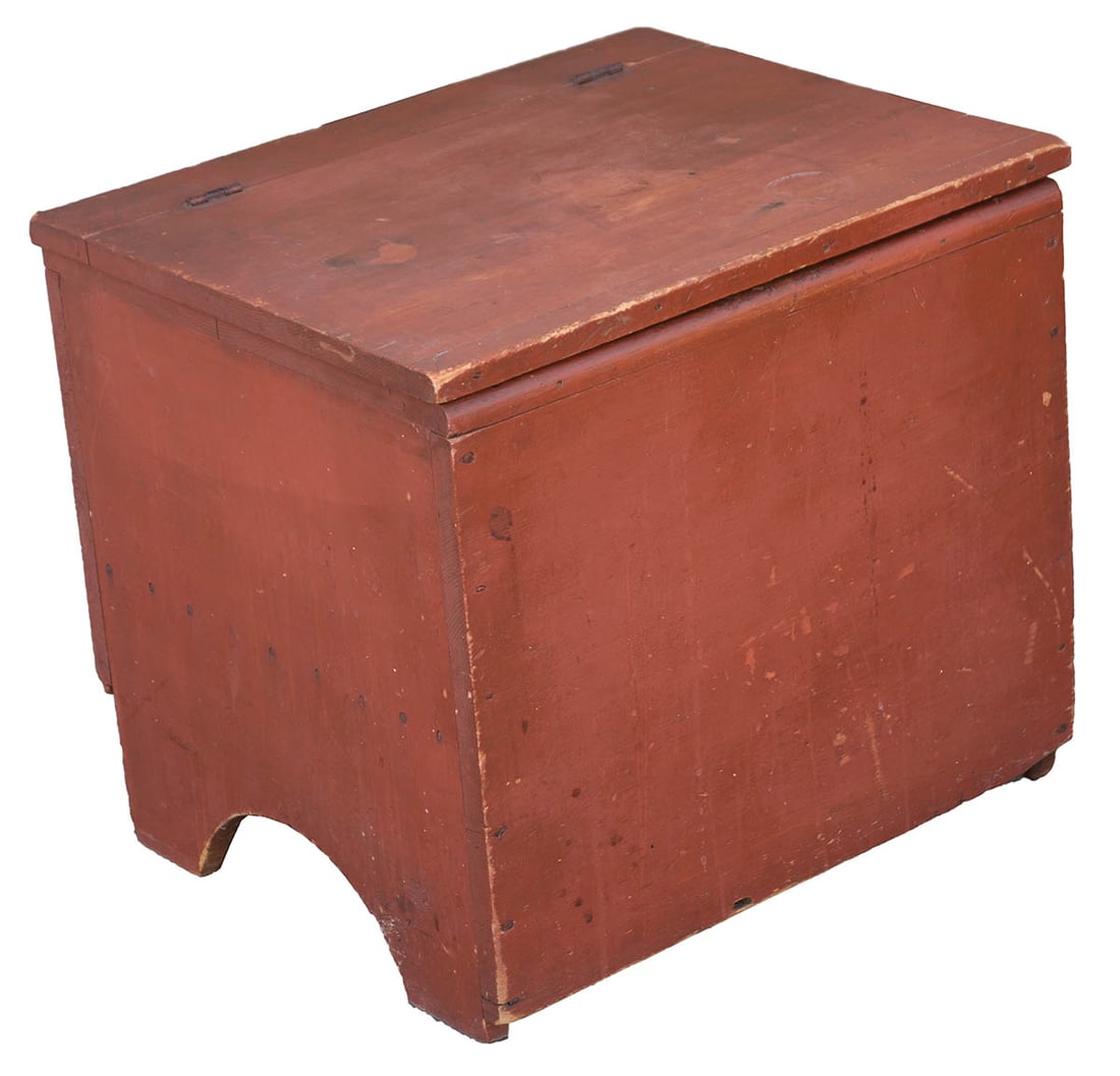 SHAKER COMMODE Pine, original red painted finish, hinged lift lid, arched sides, symmetrically (1 of 4)