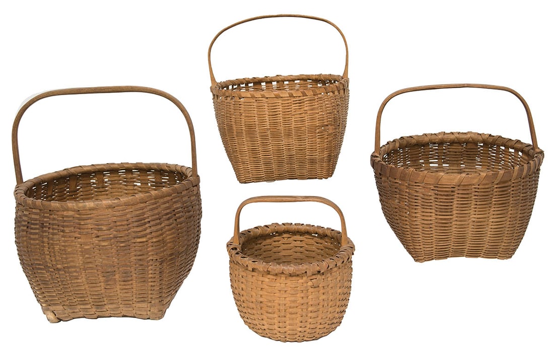 FOUR UTILITY SPLINT BASKETS Three round with square bottoms, all with hoop handles, 8 1/2", 6 1/2" (1 of 1)