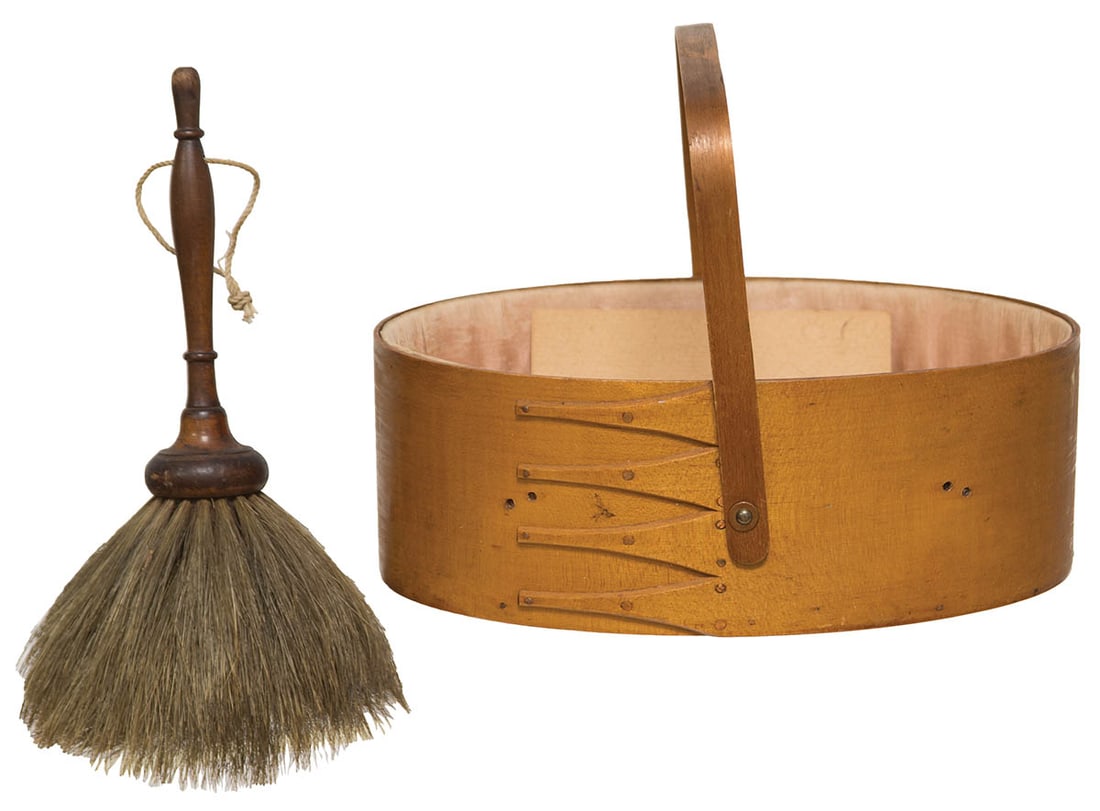 BRUSH AND CARRIER Finely turned handle (5 1/2" l), red/brown original stained finish, flared beige: BRUSH AND CARRIER Finely turned handle (5 1/2" l), red/brown original stained finish, flared beige horsehair whisk, 4" at the widest part; Sister's carrier, shaped swing handle with copper rivets, fou