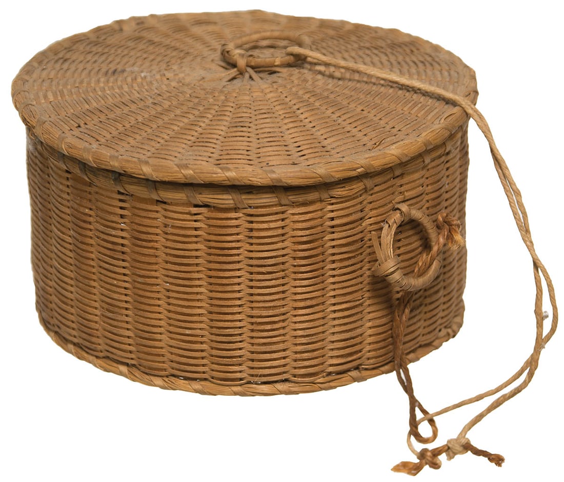 SHAKER BASKET; AND TWO PINCUSHIONS Black ash splint basket, very finely cut, lidded with basketry (1 of 4)