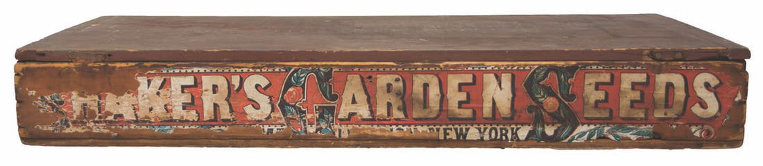 SEED BOX Pine, original red painted finish, leather hinged lid (not attached), top breadboarded, (1 of 2)