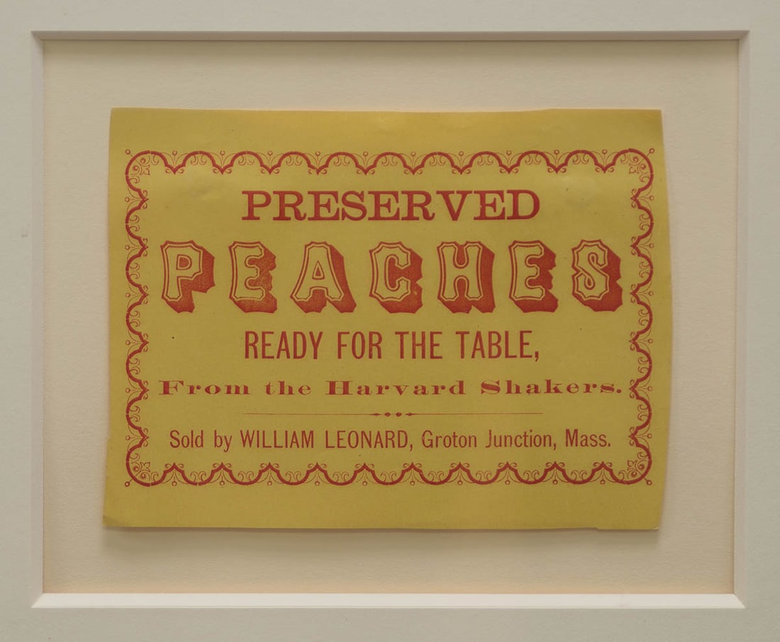 FRAMED SHAKER PEACHES LABEL Yellow paper with red print and design, "Preserved Peaches, ready for (1 of 2)