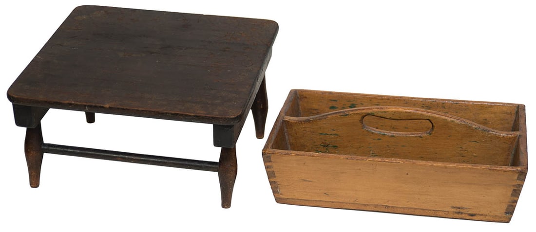 PRODUCTION FOOTSTOOL; AND CUTLERY BOX Maple, original dark stained varnish finish, small turned legs (1 of 2)