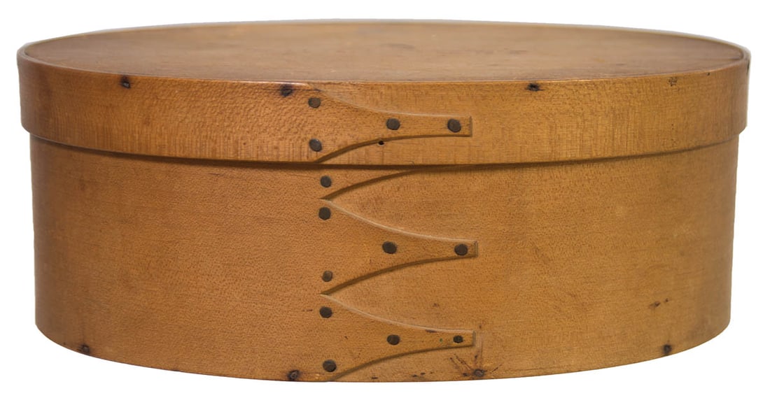 OVAL BOX Finely formed, pine and maple, four fingers, copper tacks symmetrically aligned, stamped on (1 of 4)