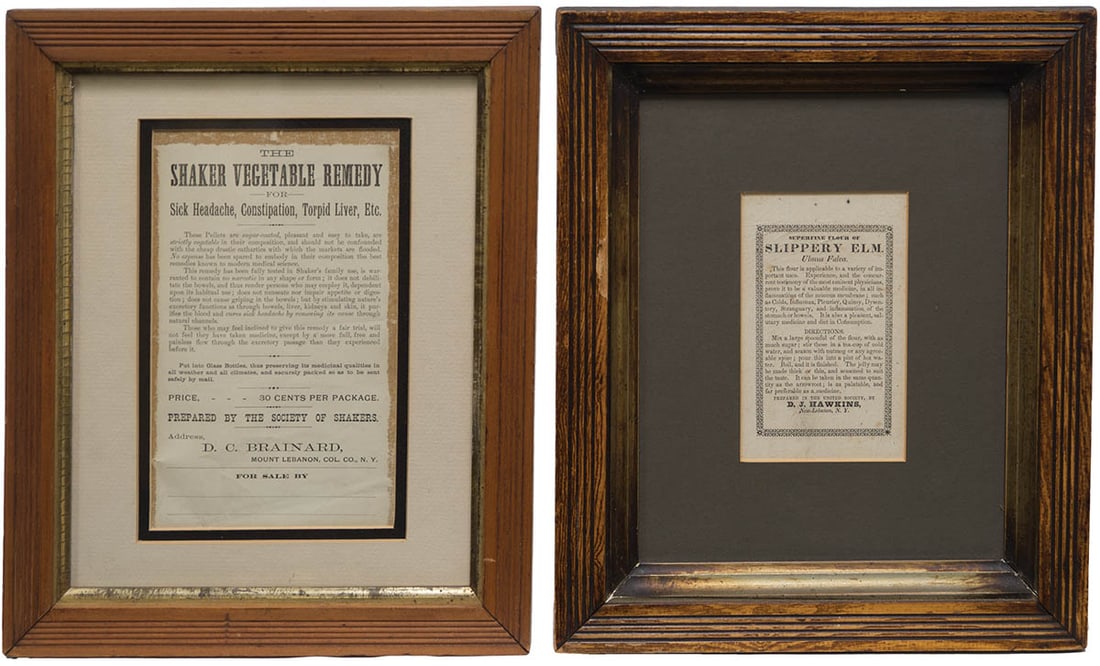 TWO SHAKER BROADSIDES Black ink on tan paper, "The Shaker Vegetable Remedy for Sick Headache, (1 of 1)